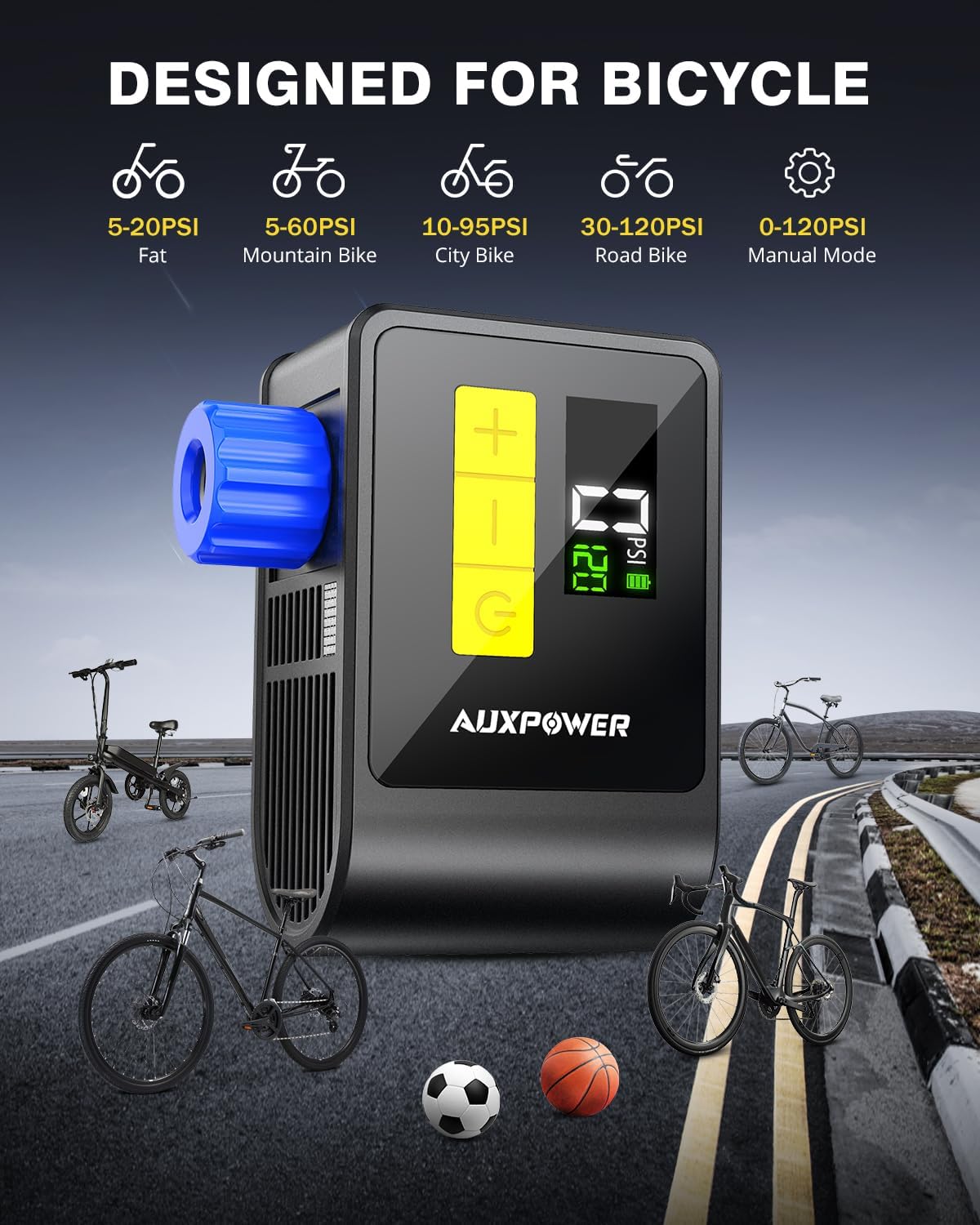 Auxpower BL03 Electric Bicycle Pump - 120PSI with Pressure Gauge, Auto Stop, Presta & Schrader Valves | Ideal for Road, Mountain, E-Bikes & Sports Balls