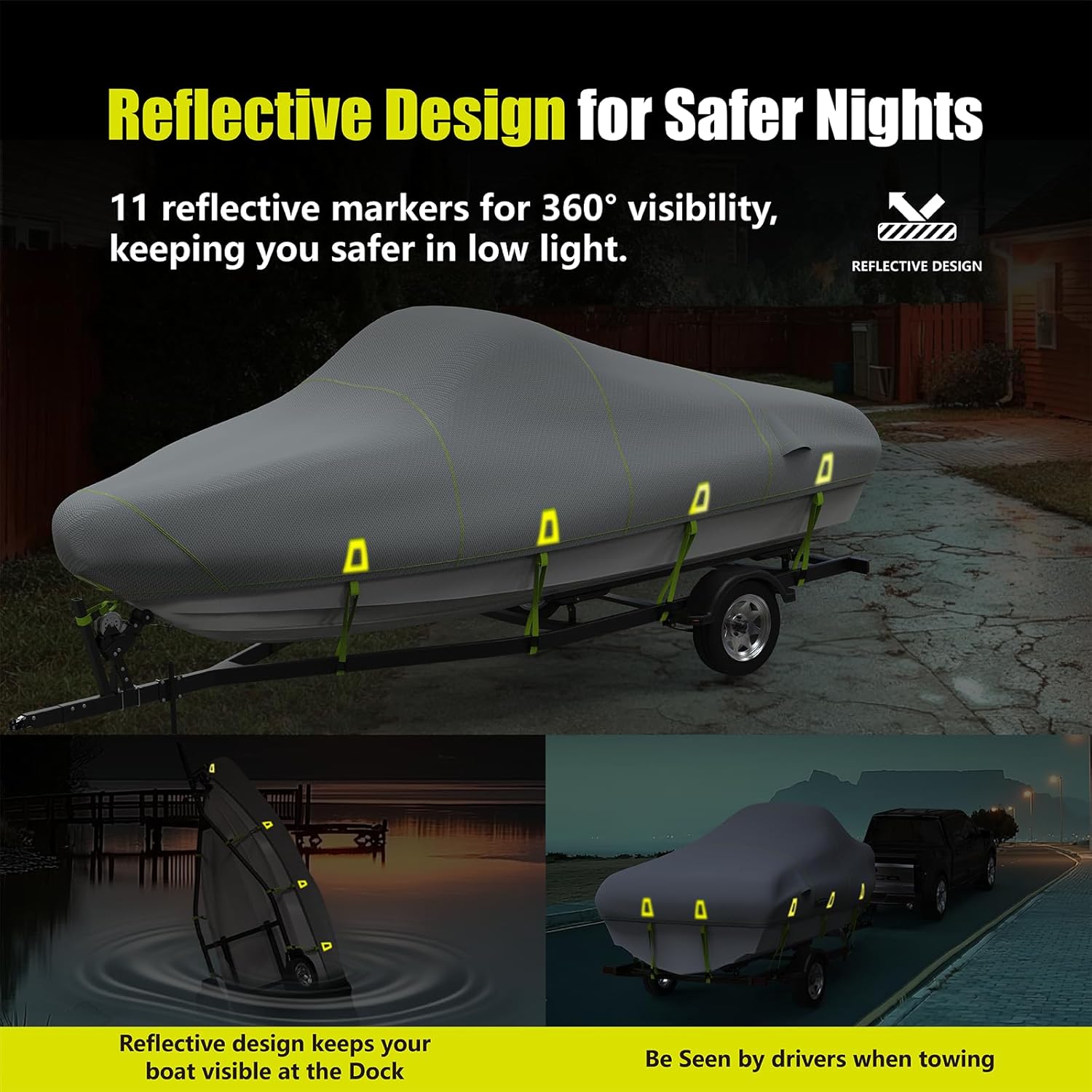 YSPACE Boat Cover - 17-19ft Heavy Duty Waterproof 1200D with Reflective Strips & Storage Bag | Fits V-Hull & Fishing Boats Up to 96" Wide