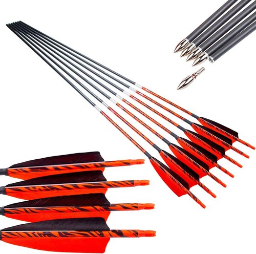 Archery Traditional Arrows - 12PCS Carbon Shafts with Turkey Feathers | 30-32 Inch for Recurve & Longbow