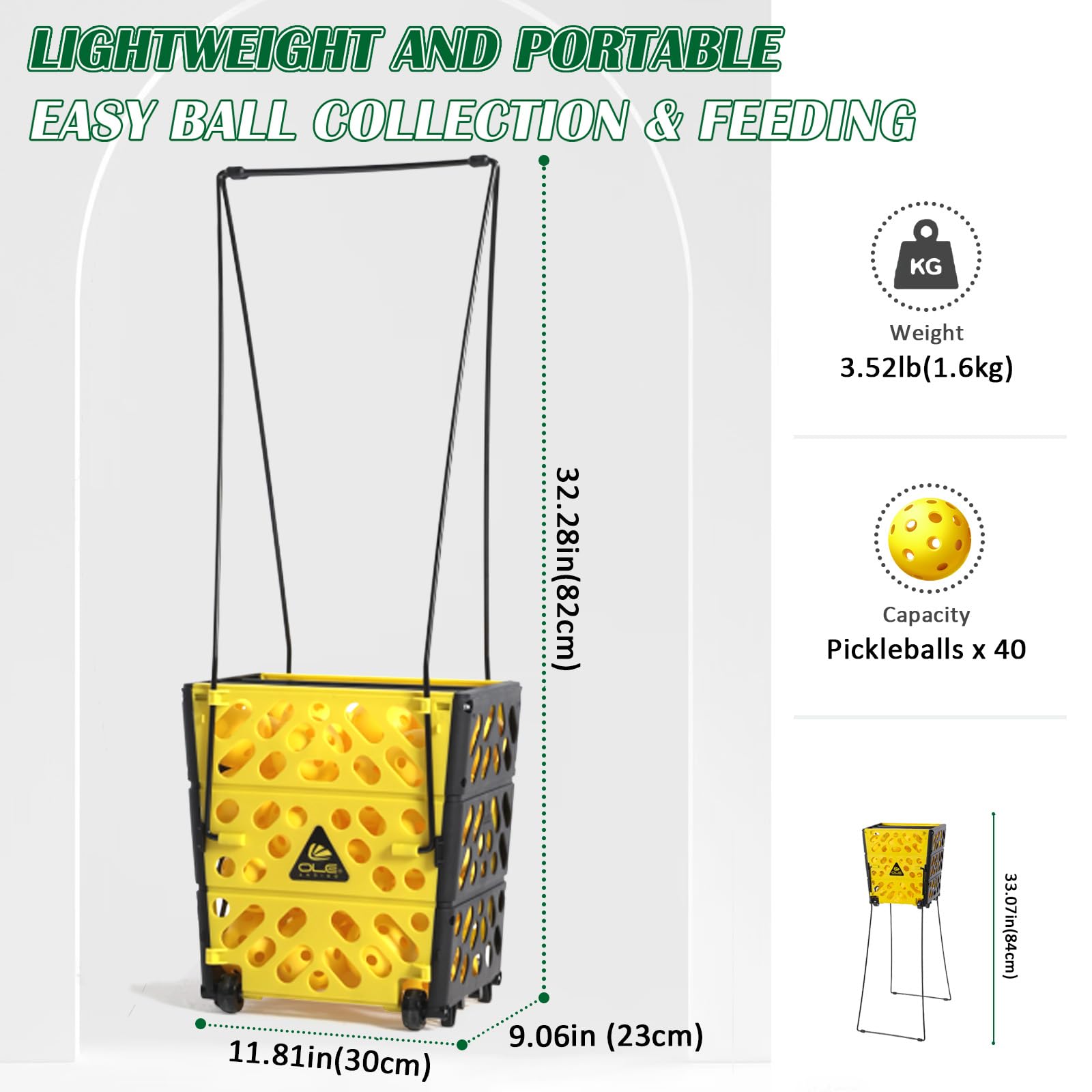 OLE ANDIGO Pickleball Hopper Collector with Wheels, 40 Pickleball Balls Capacity, Lightweight Pickleball Picker Upper, Pickleball Picking Ball Picking Tool.