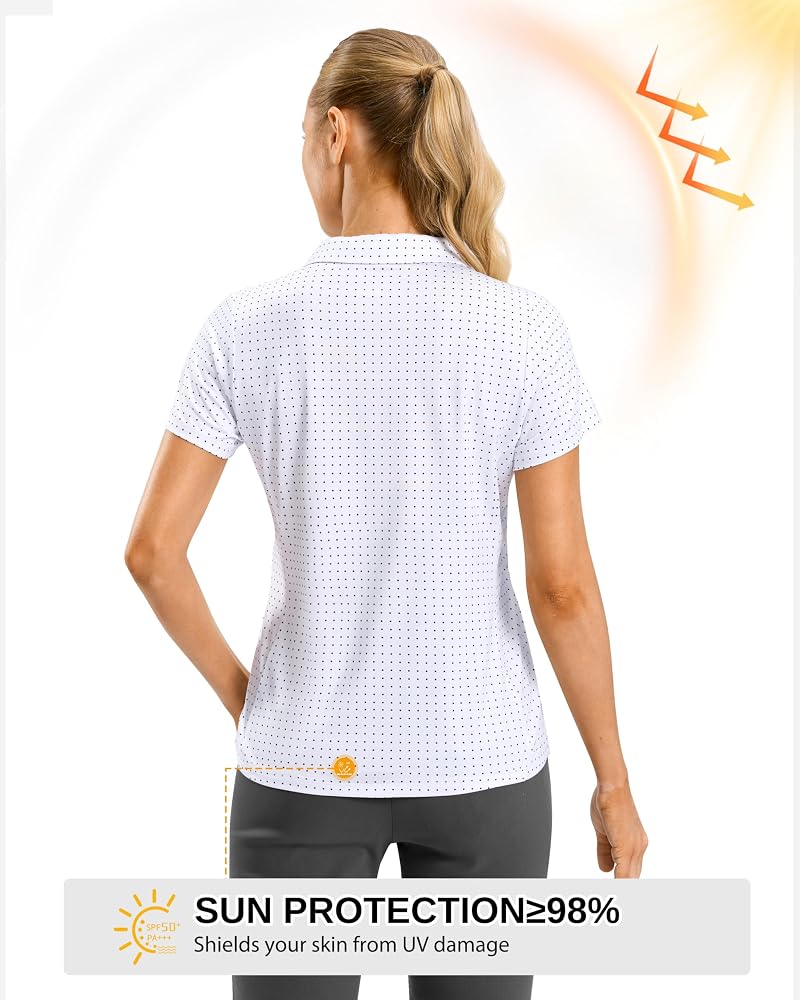 G Gradual Women's Polo Shirt - Short Sleeve V-Neck Collared Top with UPF 50+, Lightweight Dry-Fit (Black Dot, Large)