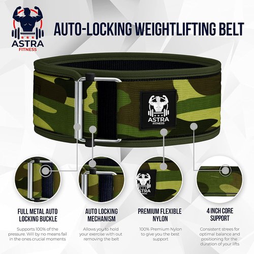 Astra Fitness Quick Locking Premium Weight Lifting Belt - Powerlifting, Cross Training for Men and Women - 4 Inch Wider Back Support, 100% Metal Buckle - Professional Fitness, Olympic Lifting, Deadlift (Camouflage, Medium)