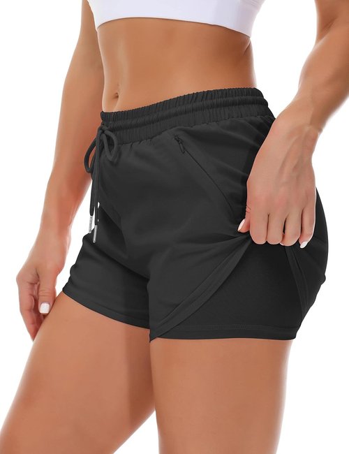 Mancreda Women's Running Shorts - Elastic Gym & Yoga Shorts with 3 Zipper Pockets