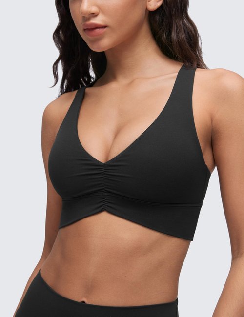 CRZ YOGA Butterluxe Ruched Longline Sports Bras for Women - V Neck Padded Yoga Tank Wide Straps Cross Back Crop Tops Black Medium