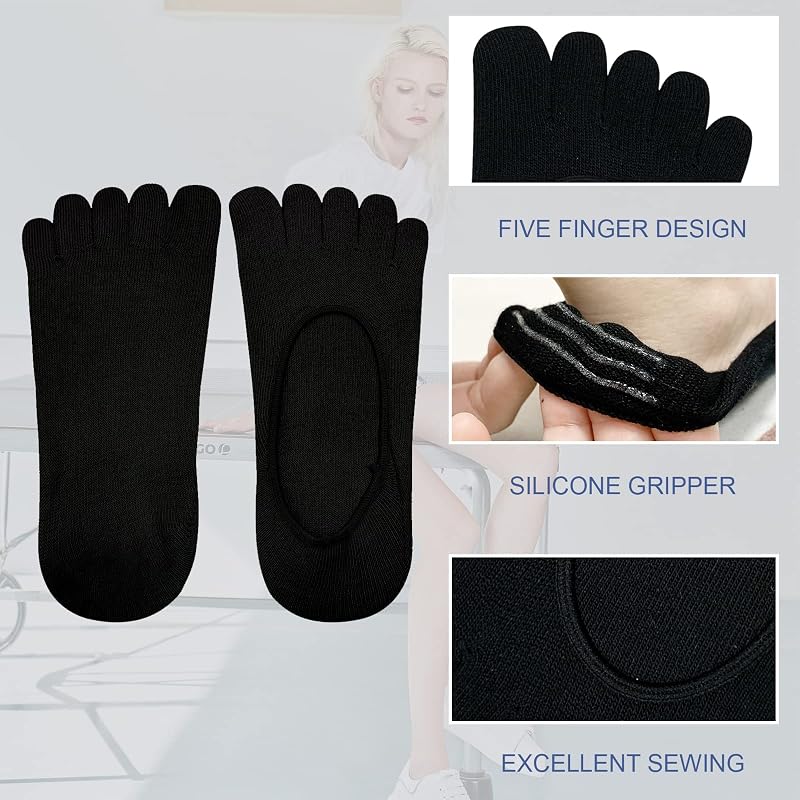No Show Toe Socks Women 6 Pack - Low Cut Five Fingers Cotton Boat Socks