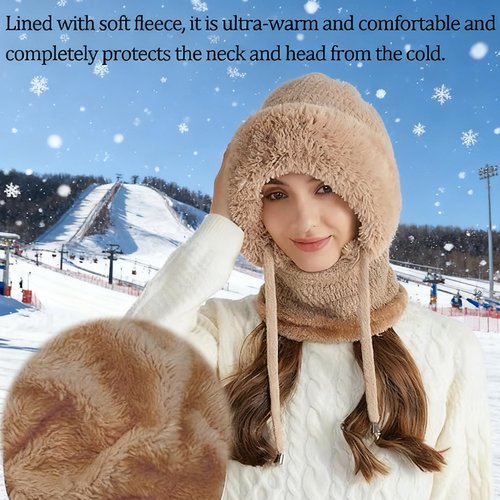 3 in 1 Beanie Hat with Scarf and Mask, Women Fleece Lined Beanie Hat Scarf Mask Set, Autumn and Winter Knitted Hat for Women (Black)