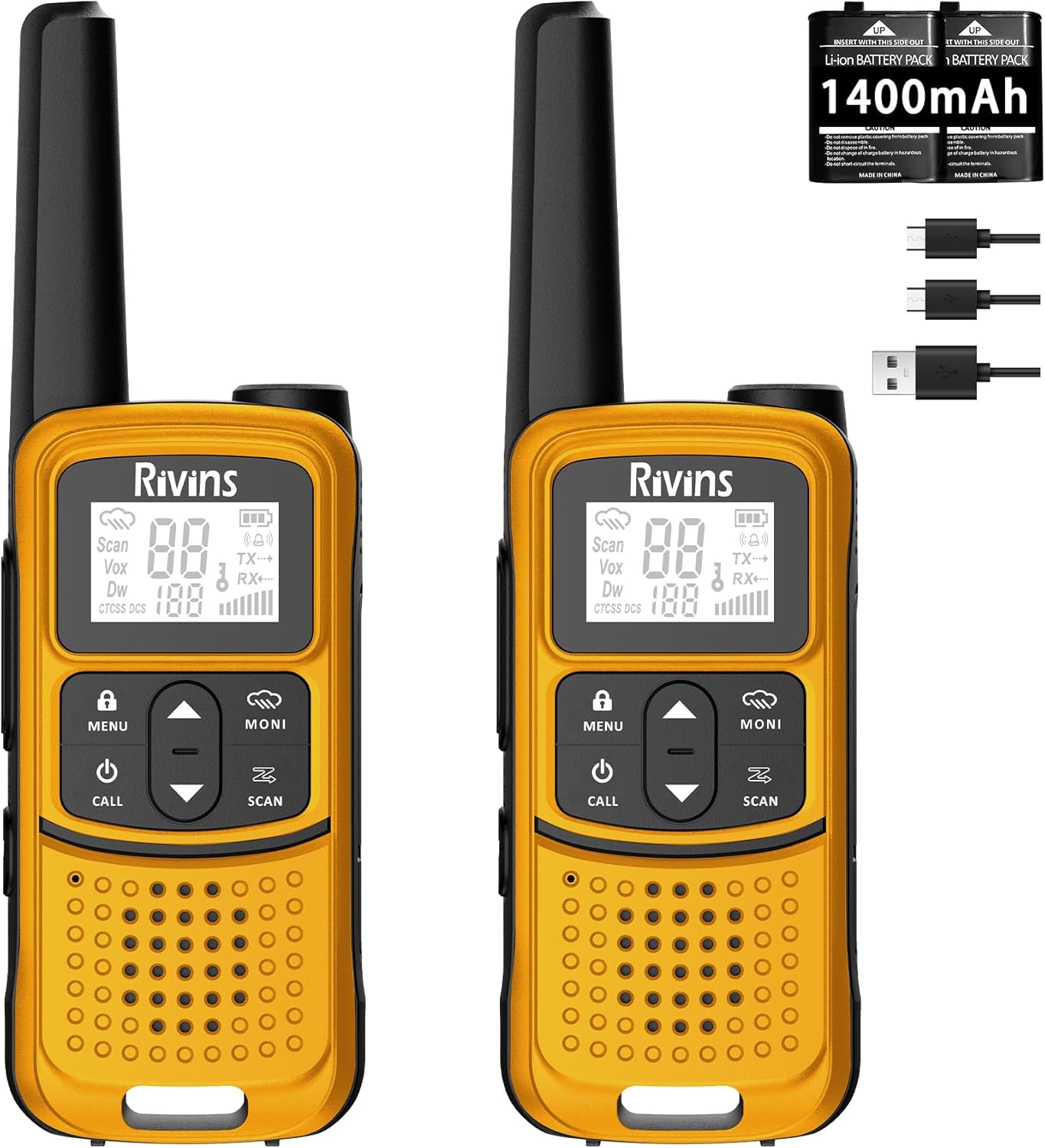 Rivins F22 Rechargeable Walkie Talkies - Long Range 1400mAh Battery, NOAA, USB-C, Flashlight | 2 Pack, Orange