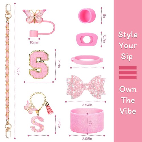 Aouloves Stanley Cup Accessories Set of 9 PCS - Including Pink Bow, Chain Handle, Letter Stickers, Butterfly Tassel Letter Pendant, Butterfly Cup lid, Spill Proof Stopper, Cup Holder,30oz 40oz.(S)