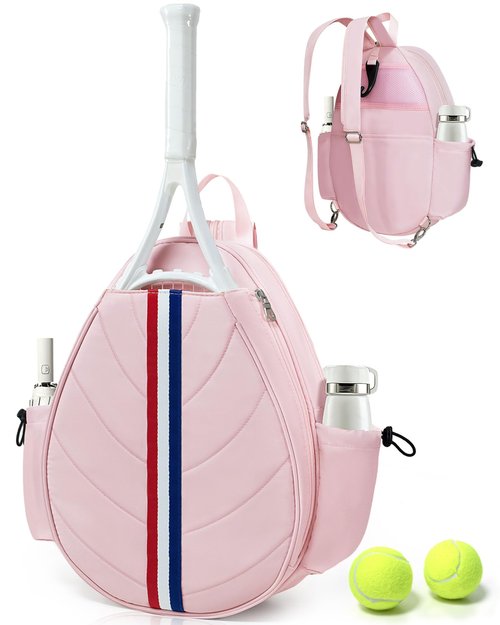 TBTOTRA Tennis Bag, Water Resistant Tennis Backpack for Women Men, Quilted Crossbody Sling Design for Tennis, Pickleball, Badminton Rackets, Pink