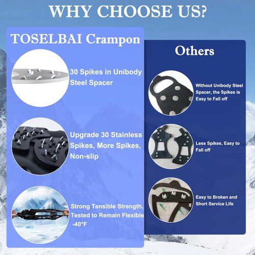 Ice Cleats, Ice Cleats for Shoes and Boots, Crampons for Shoes with 30 Spikes Anti Slip Snow Shoes(Large)
