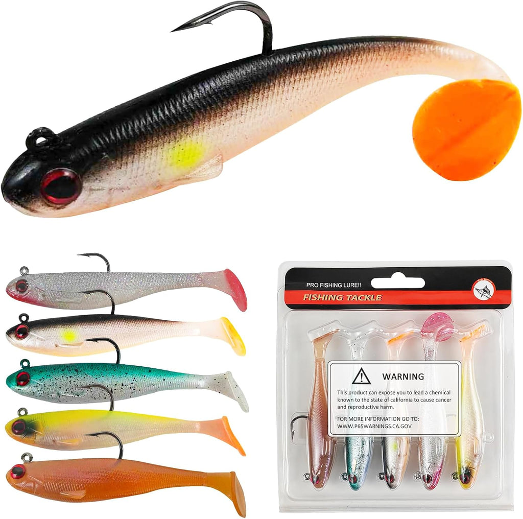 Skiennix 5Pcs Pre-Rigged Soft Lures - Paddle Tail Sinking Swimbaits for Bass & Trout | 3.35in/0.43oz