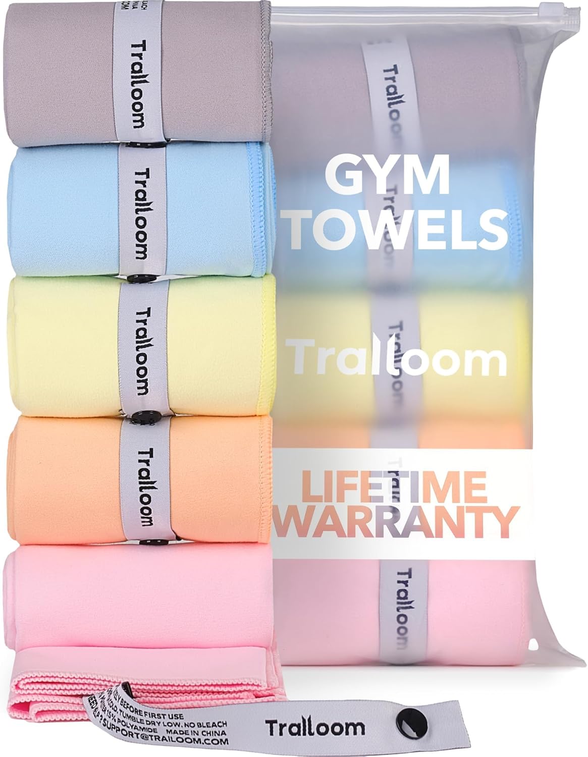 Trailoom Microfiber Workout Towels - Quick-Dry, Highly Absorbent & Odor-Free - Set of 5 Pastel Gym Towels for Yoga, Tennis, Running & More