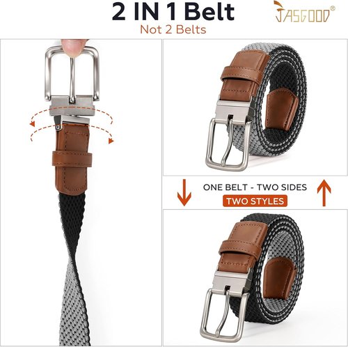 JASGOOD Reversible Elastic Braided Belt - 1.34" Casual Woven Stretch Golf Belt for Men