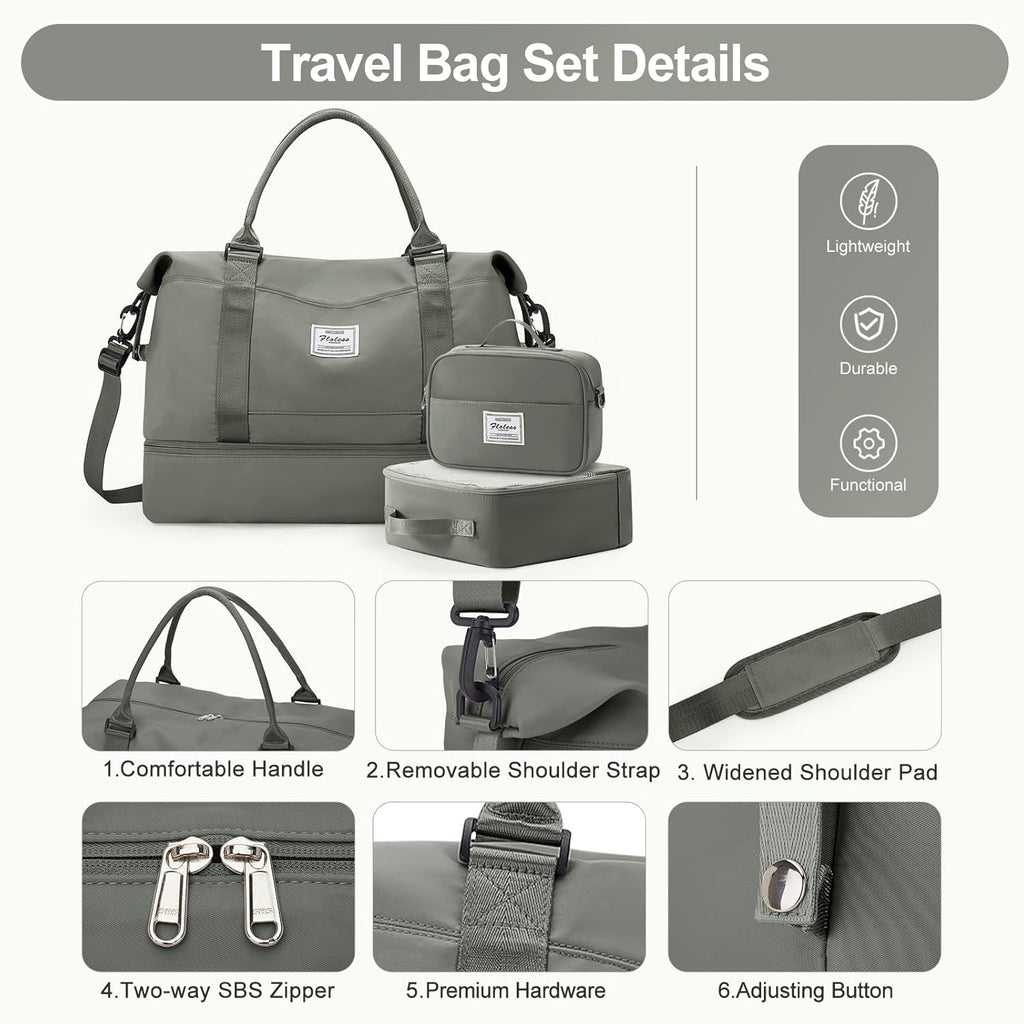 Skiennix Travel Duffle Bag - Stylish Weekender with Shoe Compartment | 3-Piece Set in Olive Green