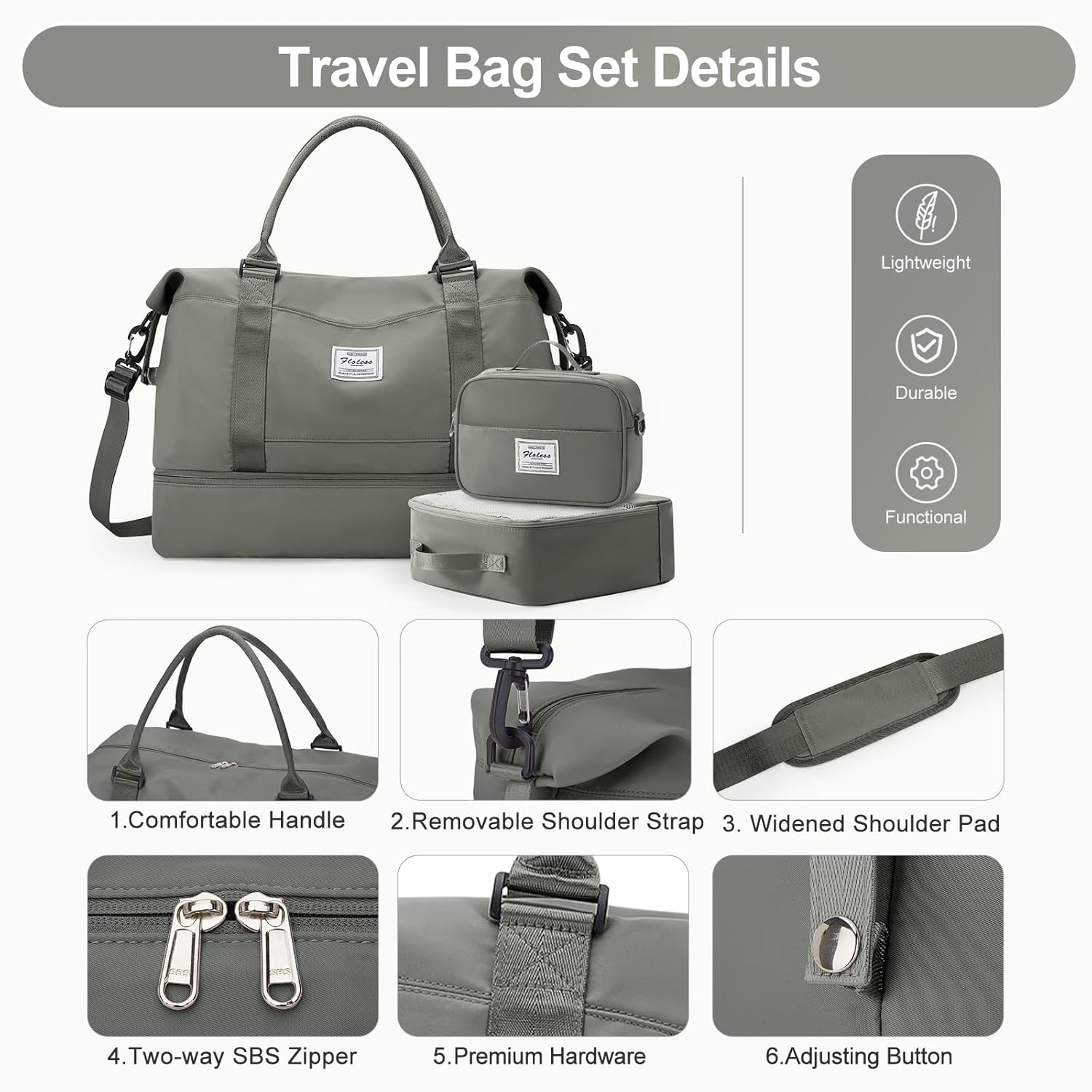 Skiennix Travel Duffle Bag - Stylish Weekender with Shoe Compartment | 3-Piece Set in Olive Green