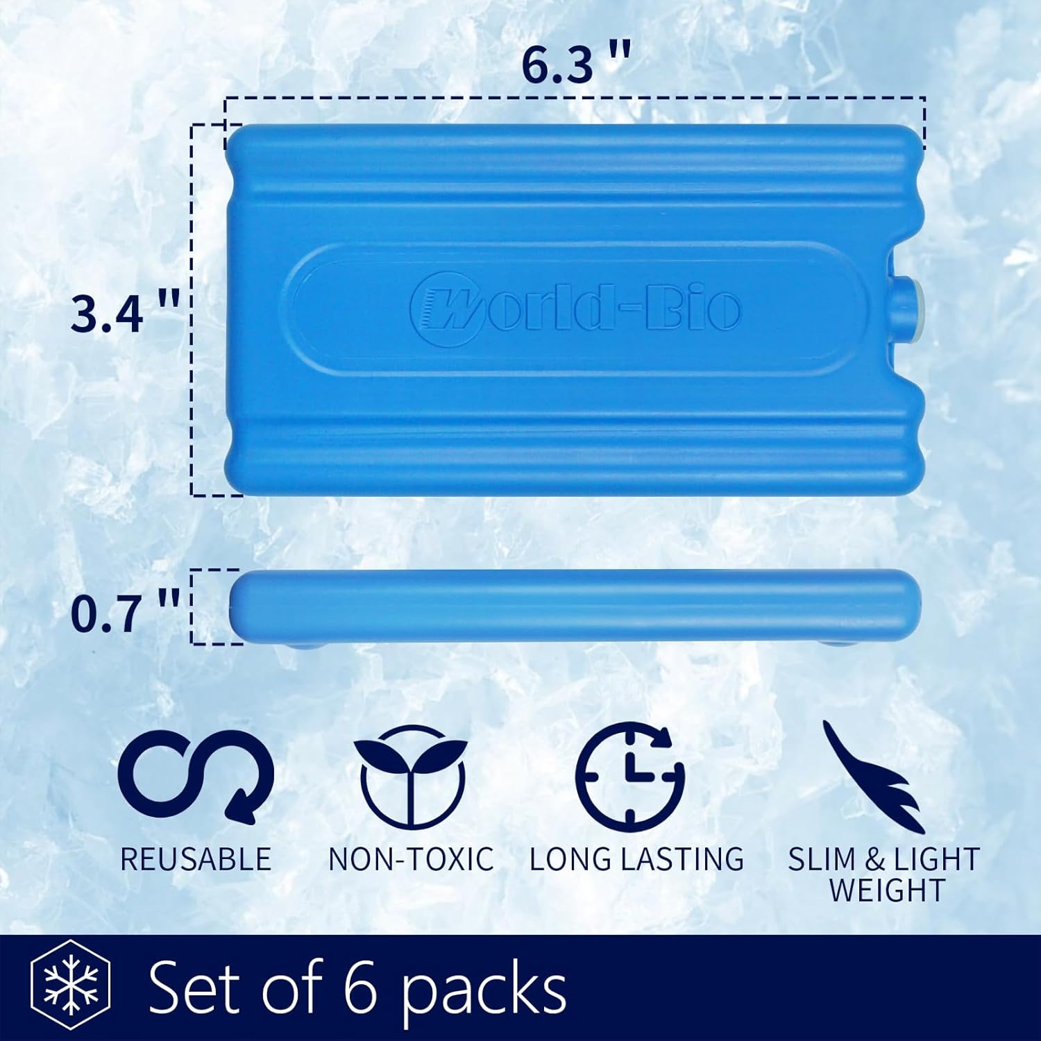 WORLD-BIO Reusable Ice Packs for Lunch Boxes & Coolers, Leakproof Quick Freeze Cold Packs for Picnics, Beach, Camping, Work - Long Lasting to Keep Drinks Cold (Thin Ice Packs 6 Pcs)