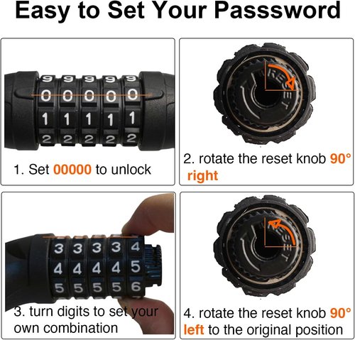 Heavy Duty Bike Lock Chain by [Brand Name] - 5 Digit Combination Anti-Theft Security | 3.2 Feet Long, Black