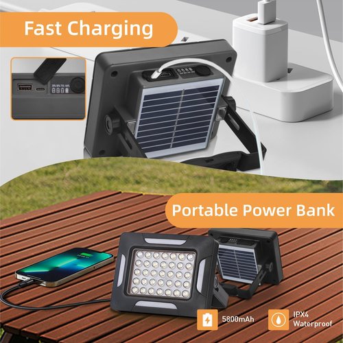 Yokiman Solar Portable Camping Lights with Strong Magnets, dimmable, Solar Rechargable Camping Lantern, IP67 Waterproof, 5 Light Modes Portable Flood Light, Work Lights for Indoor Outdoor