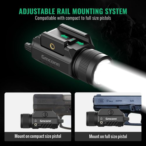 Gmconn Tactical Flashlight with Green Laser Light Combo - 1250 Lumen Rechargeable Pistol Light