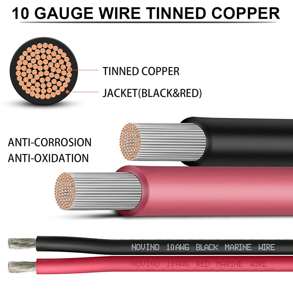 10 Gauge Marine Wire - 10 AWG Tinned Copper Electrical Cable for Boats | 30FT Red & 30FT Black