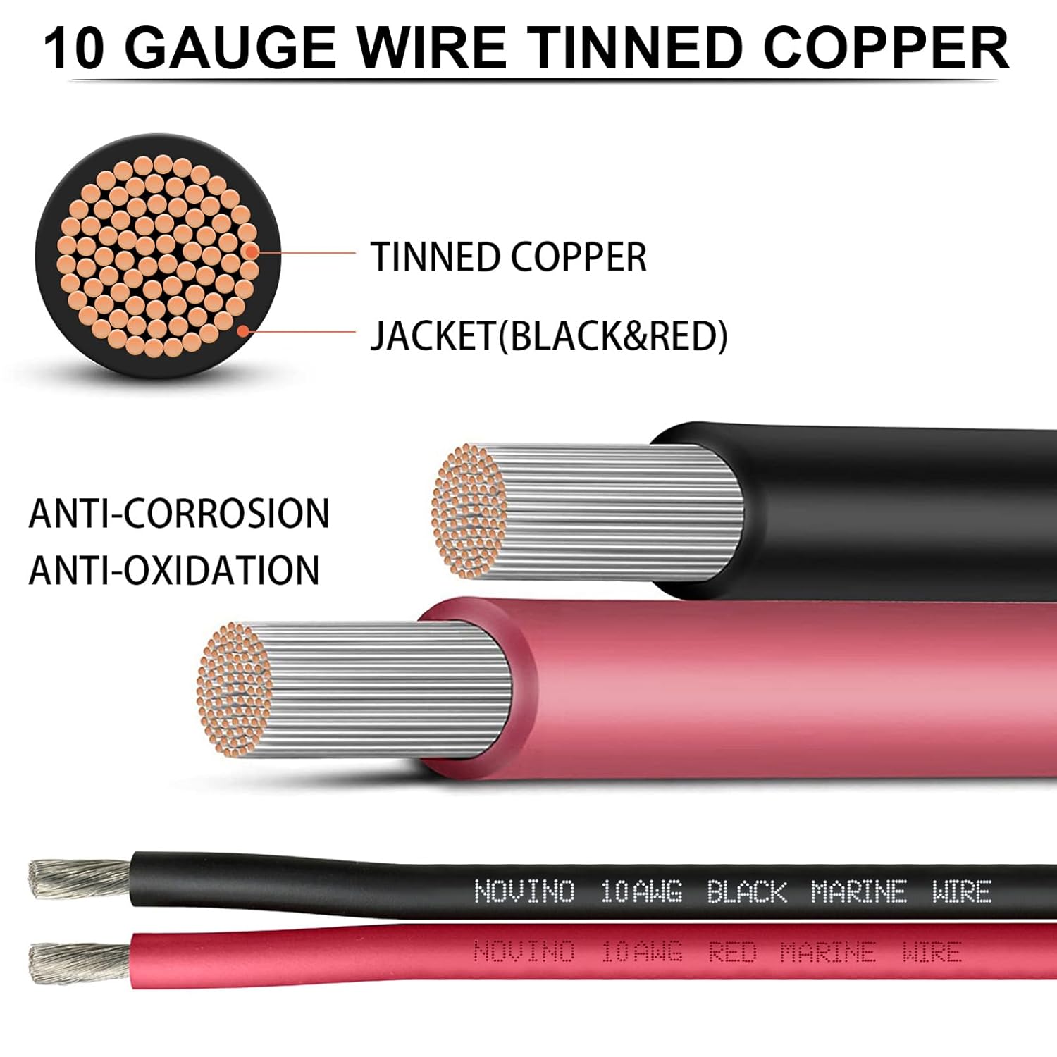 10 Gauge Marine Wire - 10 AWG Tinned Copper Electrical Cable for Boats & Automotive | 20FT Red & Black