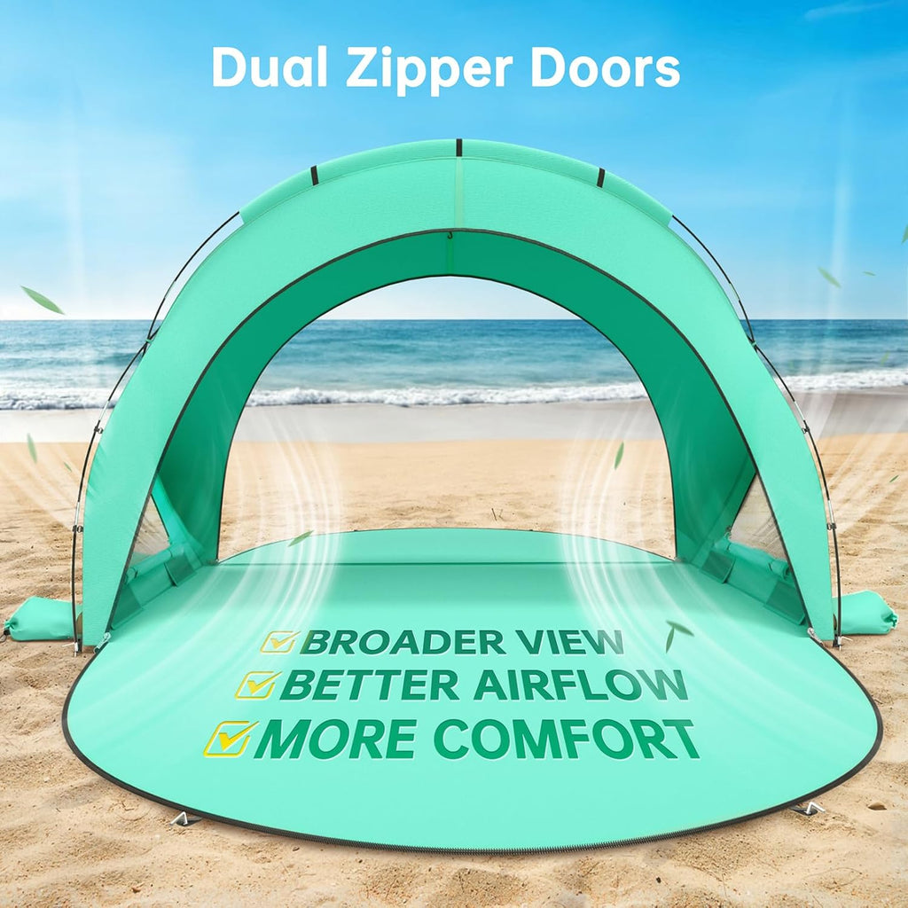 Raynesys Beach Tent - Portable Sun Shelter for 1-4 People | Green Shade with 2 Zippered Doors
