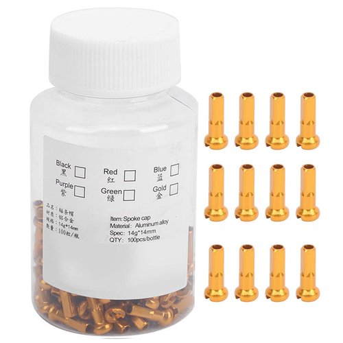 equlup 100Pcs Bike Spoke Nipple, Aluminum Alloy Spoke Cap Cover 14x6mm/0.55x0.24in Cycling Replacement Accessories Set for Inner Diameter 2mm Spokes (Gold)