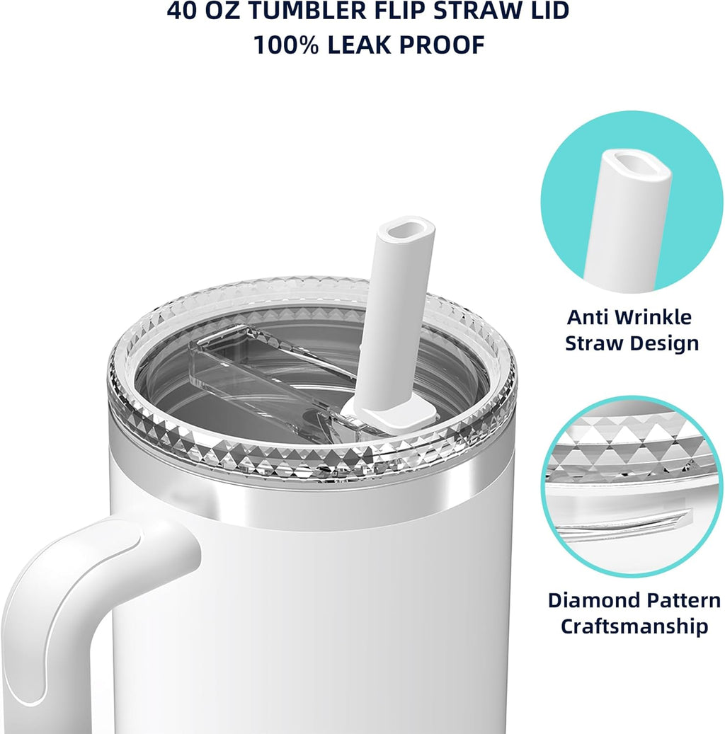 Replacement 40 oz for Stanley Quencher H2.0 Cup Accessories, Flip Straw Tumbler Lid for Stanley Cup, Spill-Proof Design, High-End Heat-Resistant Material (White, 40 oz)