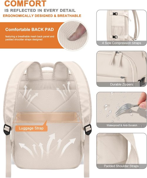 Capolo Waterproof Travel Backpack - Airlines Approved Laptop Bag for 15.6 Inch Laptops | Beige