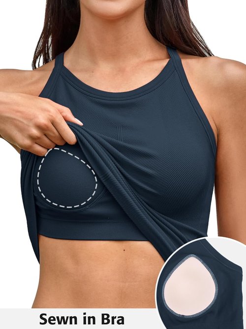 ATTRACO Women's Workout Tank Top - Built-In Bra, Seamless Ribbed Racerback Camisole | Athletic Fit