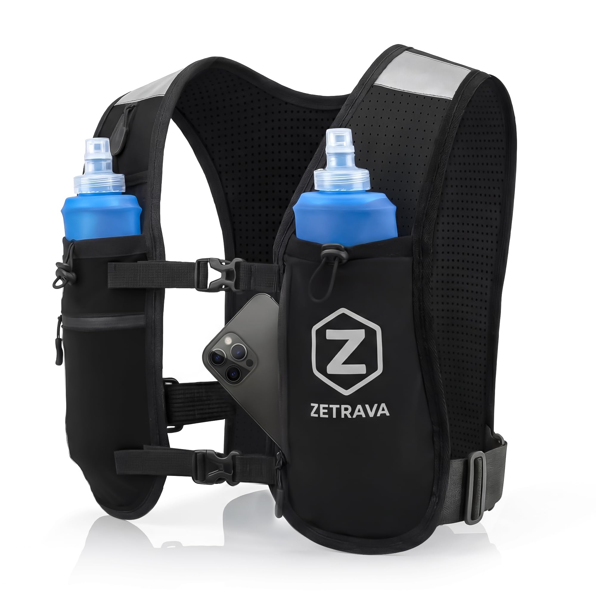 Adjustable Running Vest for Men Women – Running Hydration Vest with Two 500ml/17oz Bottles & Reflective Strips, Multiple Pockets & Bounce-Free Fit – Runners Vest for Marathon, Hiking & Cycling – Black
