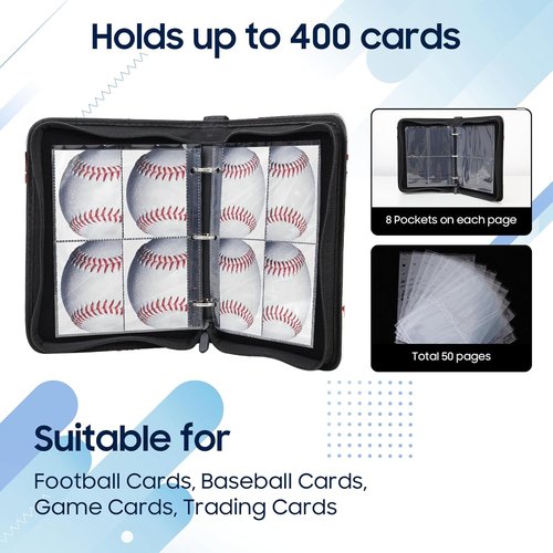 Baseball Card Binder - 4 Pocket Trading Card Holder with 400 Pockets & 50 Removable Sleeves | Portable Album for Collectors