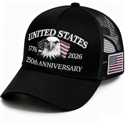 Bcefuho 250 Anniversary USA Hat 250th Anniversary USA hat 1776-2026 Embroidery Black Adjustable Mesh-Back Cap