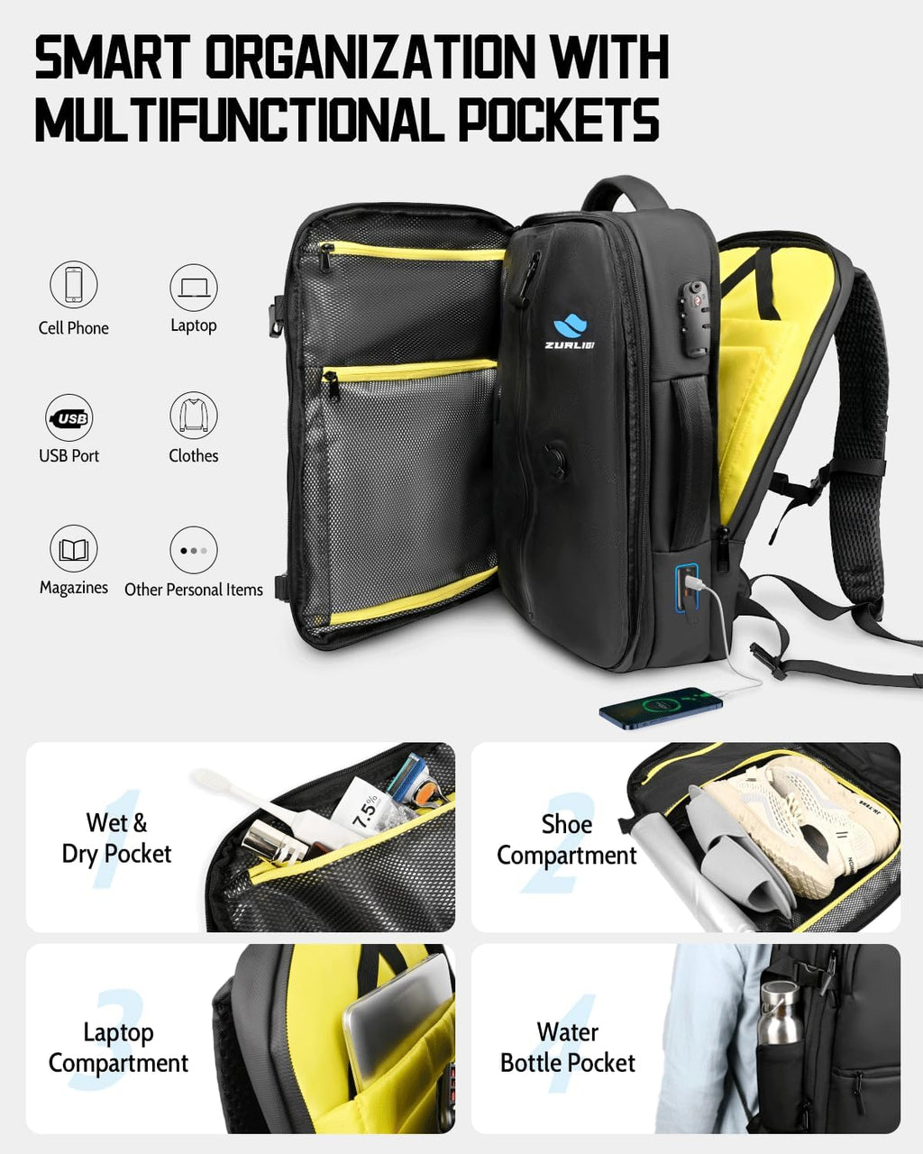 Zurligi Vacuum Backpack - Expandable 30-70L Compression Travel Bag with Pump & USB Charge Port | Black