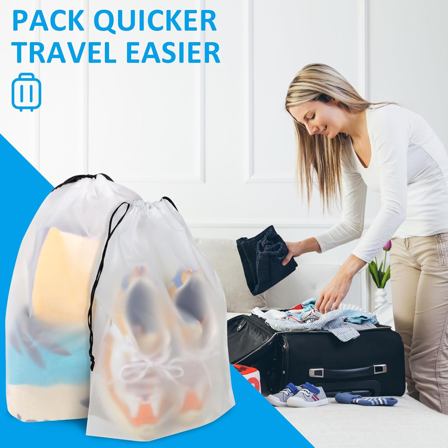 Skiennix Waterproof Travel Drawstring Shoe Bags - Clear Packing & Storage Essentials | 15.7 x 11.8 Inches, 5 Pieces