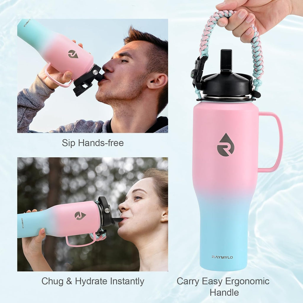 RAYMYLO Insulated Water Bottle - 40oz Stainless Steel Flask with Handle & Straw Lid | Keeps Drinks Cold for 48 Hrs