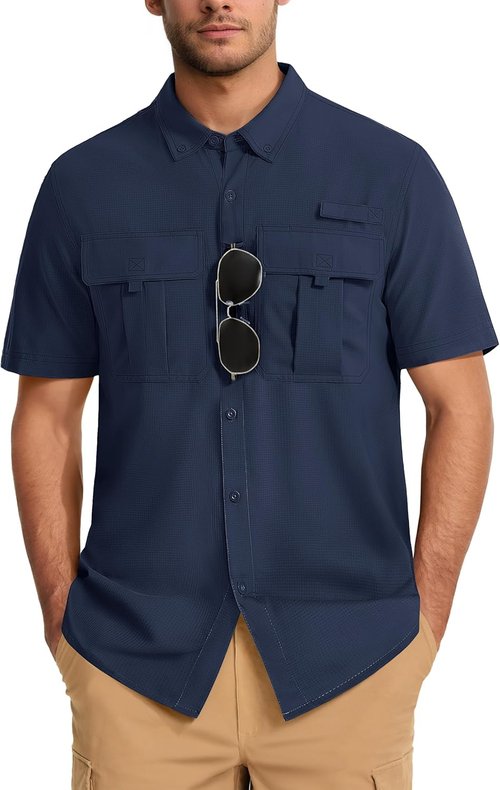MAGCOMSEN Men's UPF 50+ Fishing Shirts UV Sun Protection Cooling Quick Dry Short Sleeve Shirts for Hiking Safari Camping