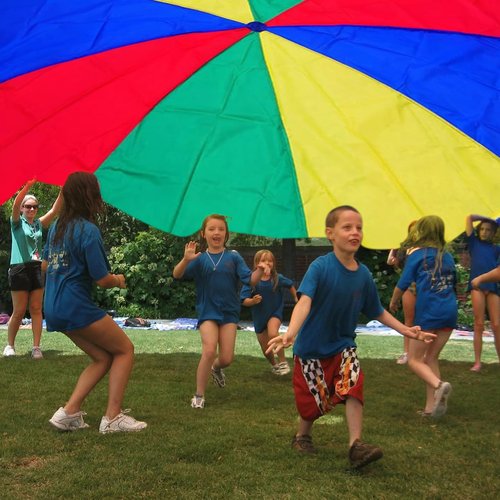 Dulousia Parachute 13ft - Gymnastics Parachute with Handles for Children Group Team Cooperative Games,Indoor Outdoor Gym Class Rainbow Parachute Birthday Church VBS Activity Field Days Supplies