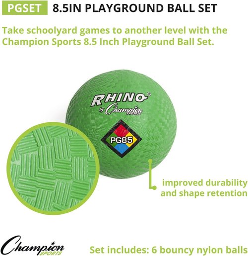 Champion Sports Rhino Playground Ball Set - Durable Two-Ply, Nylon Wound Balls | Set of 6 Colors, 8.5"D