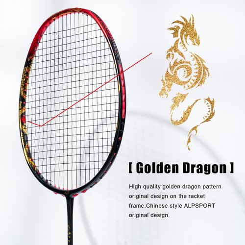 ALPSPORT QY 4U G5 Max 38LBS T1100 Professional Damping Nail Golden Dragon Pattern Full Carbon Fiber Badminton Racket with Gift Box 1 Flannel Bag, 2 Grips, Graphite Racquet for Sports Training (Red)