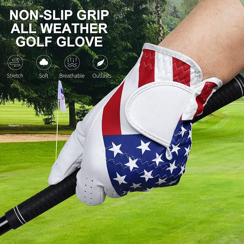 Golf Gloves for Men and Women Left Hand for Right-Handed Golfers – American Flag Pattern, Synthetic Leather, Lycra, Adjustable Closure | Medium+Men