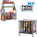 Mythinglogic Sports Ball Storage Cart - Lockable Rolling Locker with Elastic Straps | Stackable Garage Organizer