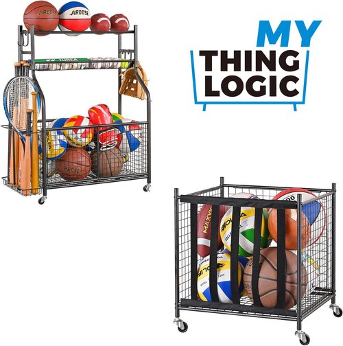 Mythinglogic Sports Ball Storage Cart - Lockable Rolling Locker with Elastic Straps | Stackable Garage Organizer