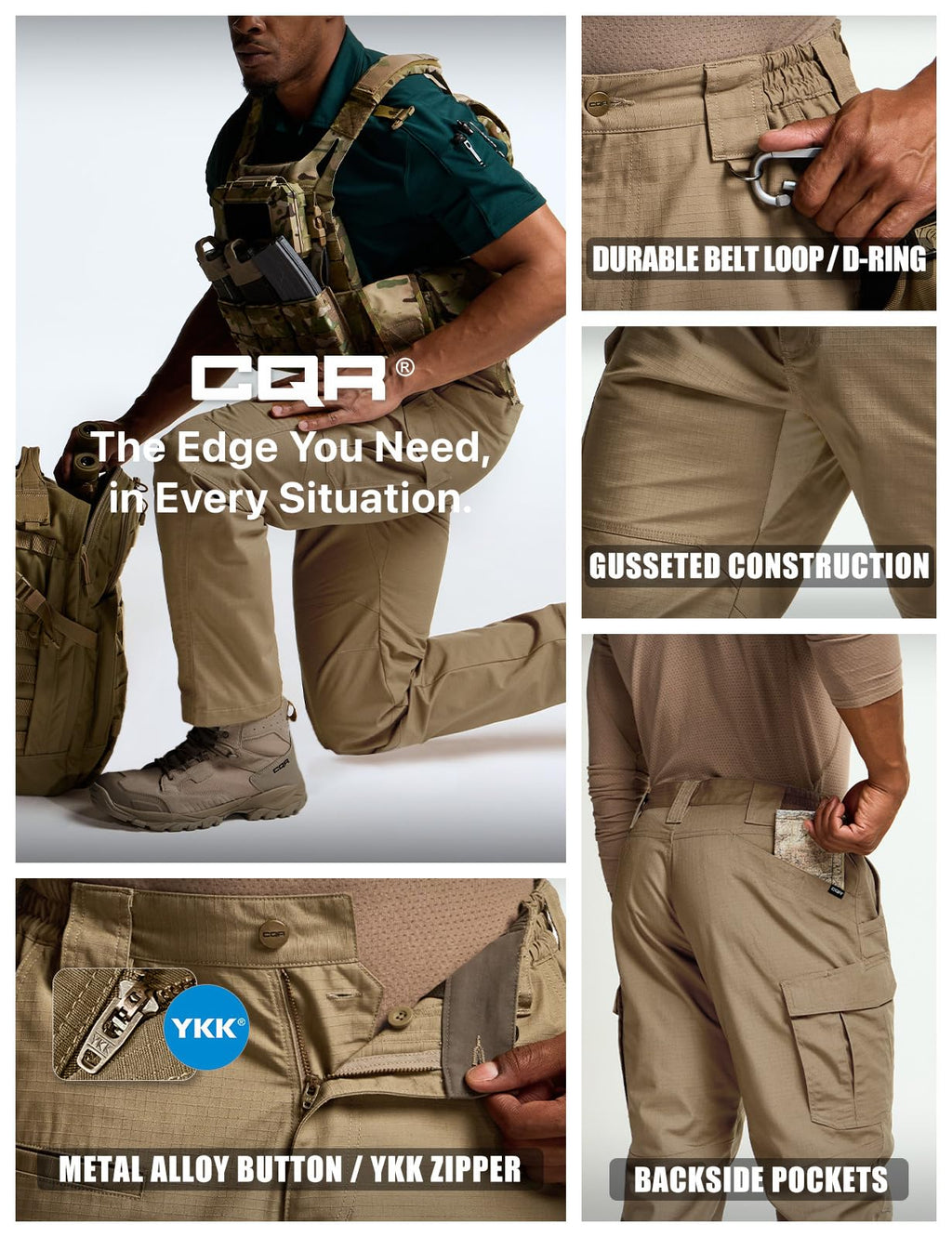 CQR Men's Tactical Pants, Water Resistant Ripstop Cargo Pants, Lightweight EDC Work Hiking Pants, Outdoor Apparel, Raider Mag Pocket Cougar, 34W x 30L