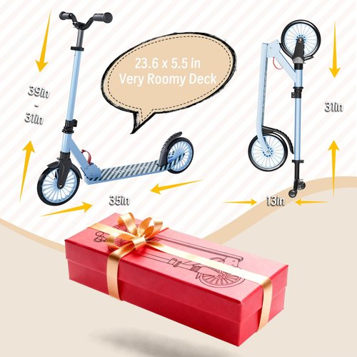 Scooter for Kids, Lightweight Foldable Kick Scooter, 4-Level Adjustable Handlebar, 8-Inch Large Wheels with Shock Absorption, for Ages 6 and Up (Light Blue)