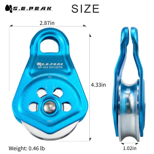 S.E.PEAK 30kN Upgraded Rescue Single Pulley Sheave with Swing Plate,CE High Strength Pulley for Backyard Zipline, Climbing, Rock Rescue Lifting, Hauling, Fit Rope up to 13 mm/Holds Up to 6750lbs,Blue
