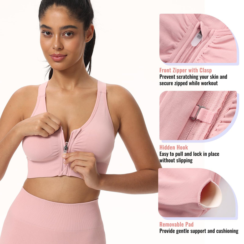 Zip Front Sports Bras for Women Adjustable Racerback Medium Support Bras Padded Post-Surgery Bras Seamless Yoga Athletic Bra