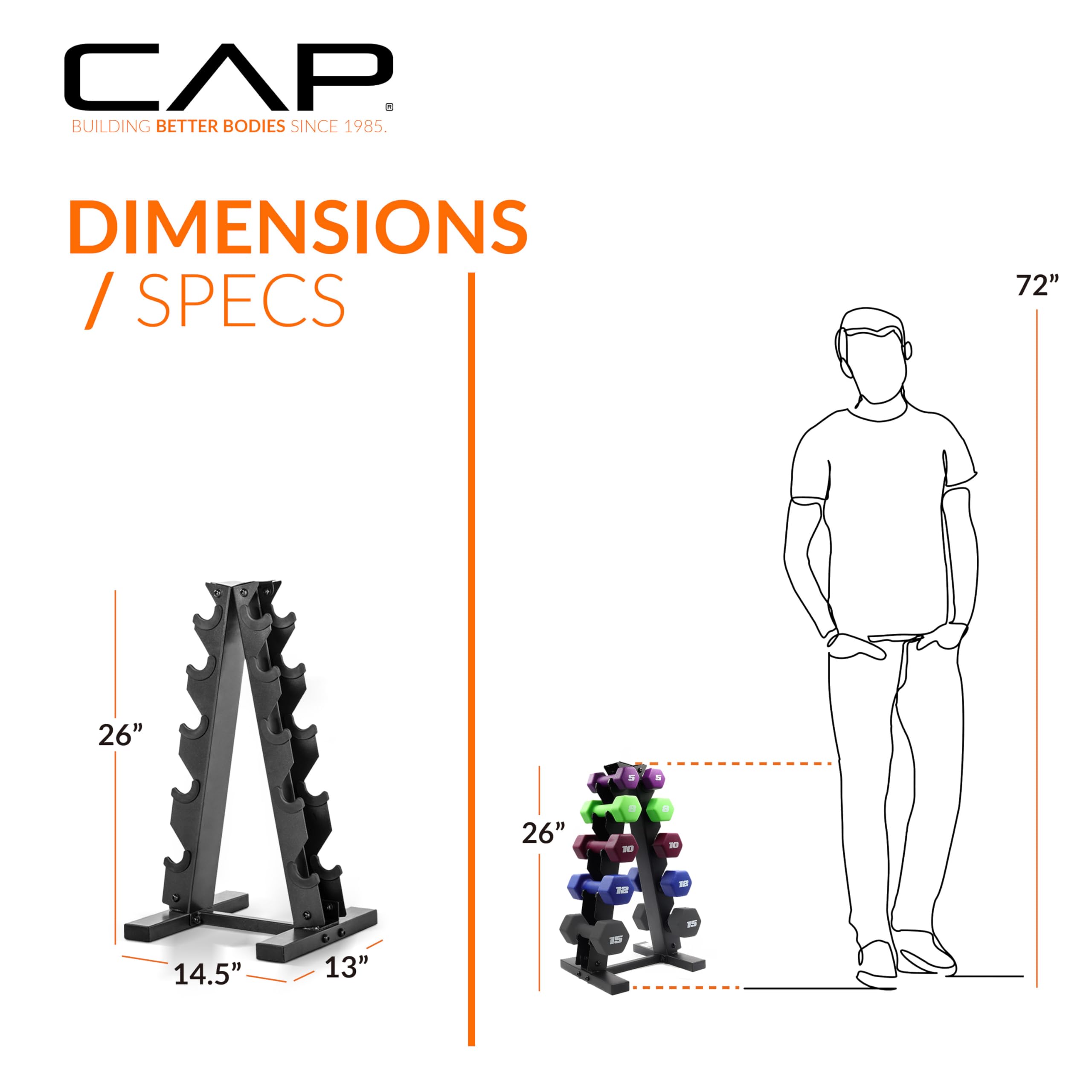 CAP Barbell 100 LB Set of Neoprene Dumbbells with Rack Color Series | 5, 8, 10, 12 and 15 LB pairs