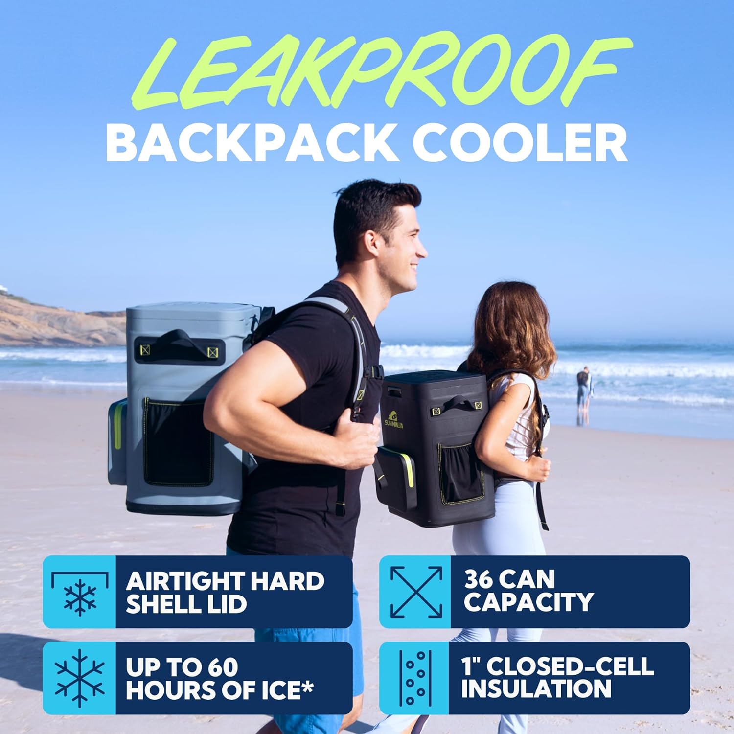 Sun Ninja Backpack Cooler - Insulated Waterproof Beach Bag | Keeps Drinks Cold for 48 Hours - Holds 36 Cans