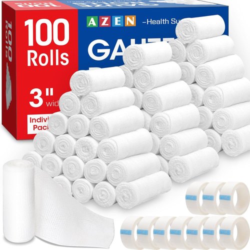 AZEN Gauze Rolls Bandages - 100 Pack, 3 in x 4.1 Yards | Premium First Aid & Medical Supplies